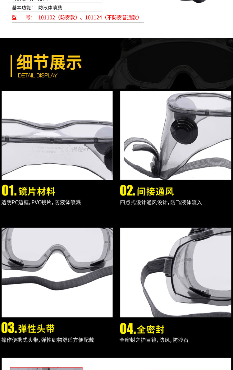 代爾塔101102 RUIZ1 AB經(jīng)濟型防霧防沖擊防化護目鏡2